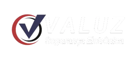 Logotipo da Valuz Segurança Eletrônica com ícone vermelho e texto 'Segurança Eletrônica'