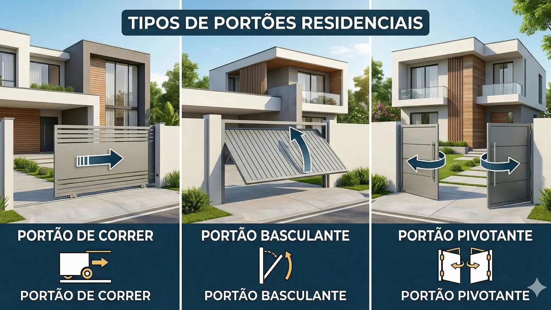 Um infográfico comparativo dividido em três seções verticais, mostrando diferentes tipos de portões automáticos em frentes de casas modernas. Da esquerda para a direita: um portão de correr cinza horizontal com uma seta indicando movimento lateral; um portão basculante cinza claro que se inclina para cima com uma seta curva; e um portão pivotante cinza de duas folhas que se abre para fora com setas duplas. Abaixo de cada portão, há o nome correspondente em português e um ícone ilustrativo simples da mecânica de abertura. O topo tem a faixa "TIPOS DE PORTÕES RESIDENCIAIS