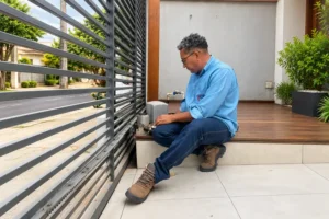 Técnico junto ao motor de um portão de correr, com o trilho à vista