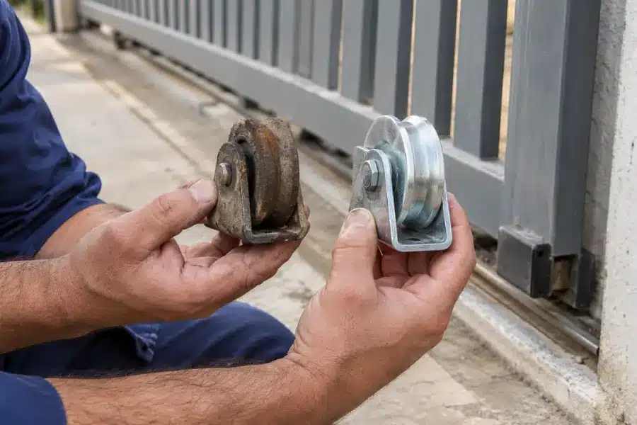 Técnico comparando roldana de portão desgastada com roldana nova